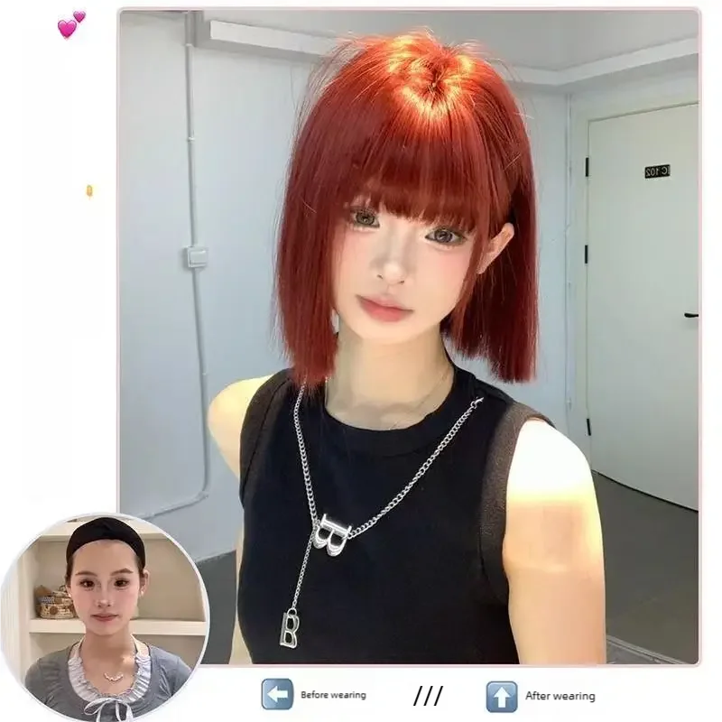 Wig Short Hair Female Internet Celebrity Short Hair Daily Lolita Natural Bangs Full Head Cover Black Red Supernatural Synthetic