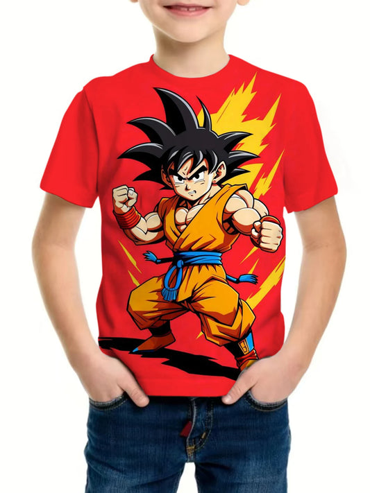 Boy's Anime Wukong Dragonball Graphic T-shirt, Casual Slightly Stretch Breathable Slim Fit Tee Kid's Clothing for Summer Outdoor