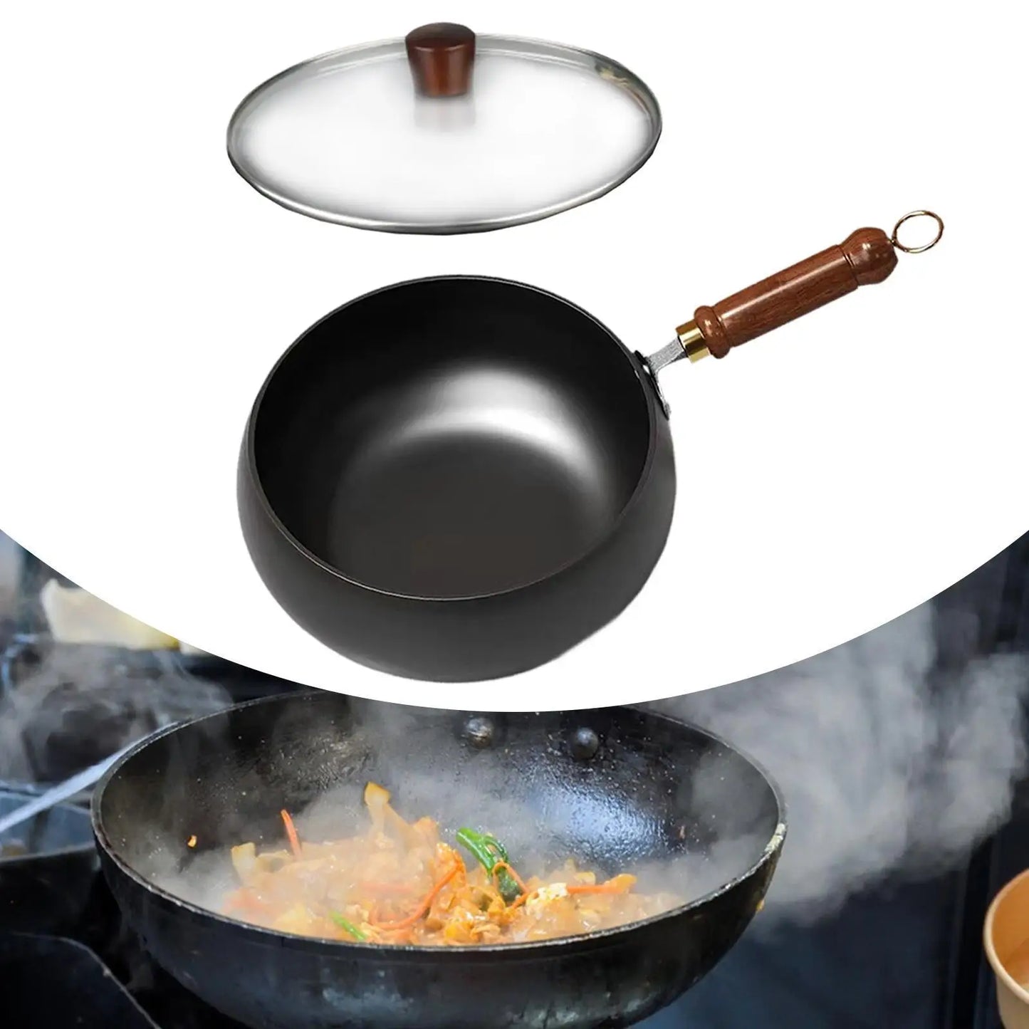 Nonstick Wok Frying Pan Wooden Handle Induction Cooker Boiling No Coating Gas Chinese Wok Flat Bottom for Kitchen Camping
