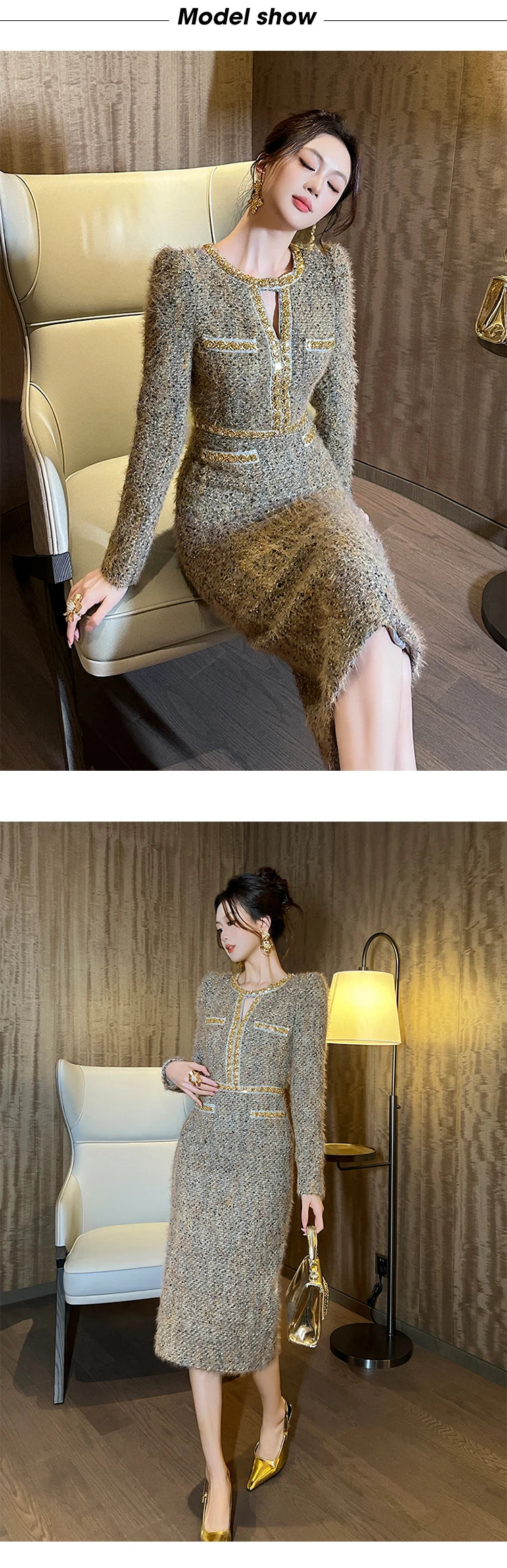 Women Clothes Vintage Luxury Tweed  Formal Dress Female Elegant Fashion Business Party Vestidos Hollow Diamond Professional Robe