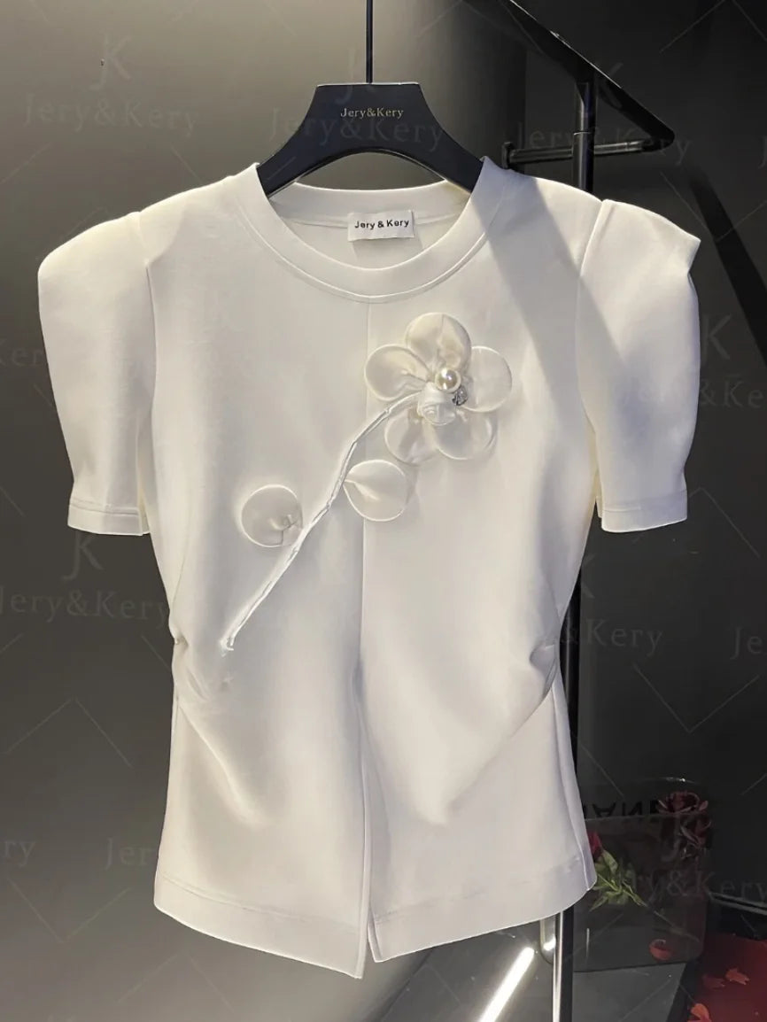 Clothes for Women 2024 New Summer Elegant Chic White 3D Flower Beaded Design T-shirt Fashion O Neck Short Sleeve Slim Split Tops