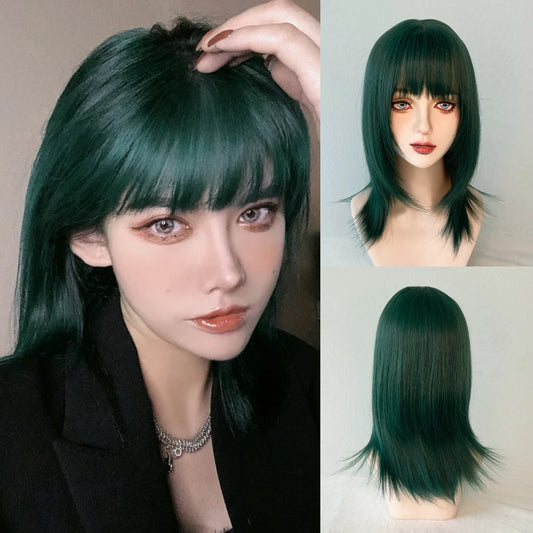 MSIWIGS Synthetic Celebrity Dark Green Cosplay Wig Short Straight Summer Cool Handsome European and American Women Headgear