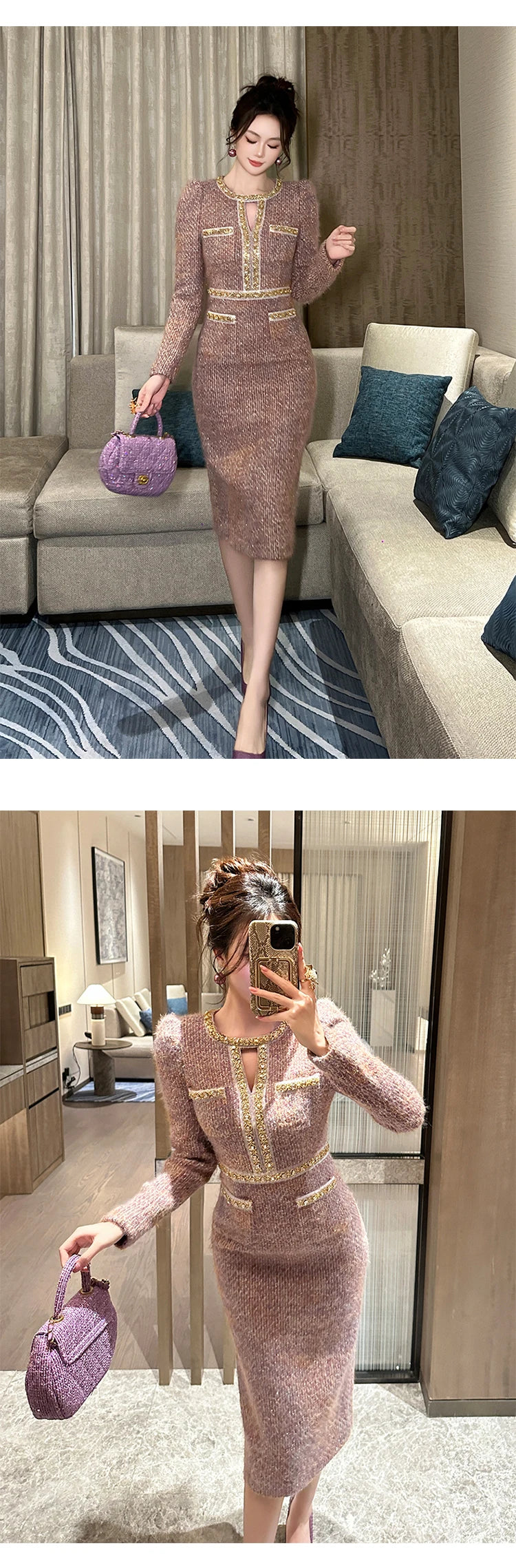 Women Clothes Vintage Luxury Tweed  Formal Dress Female Elegant Fashion Business Party Vestidos Hollow Diamond Professional Robe