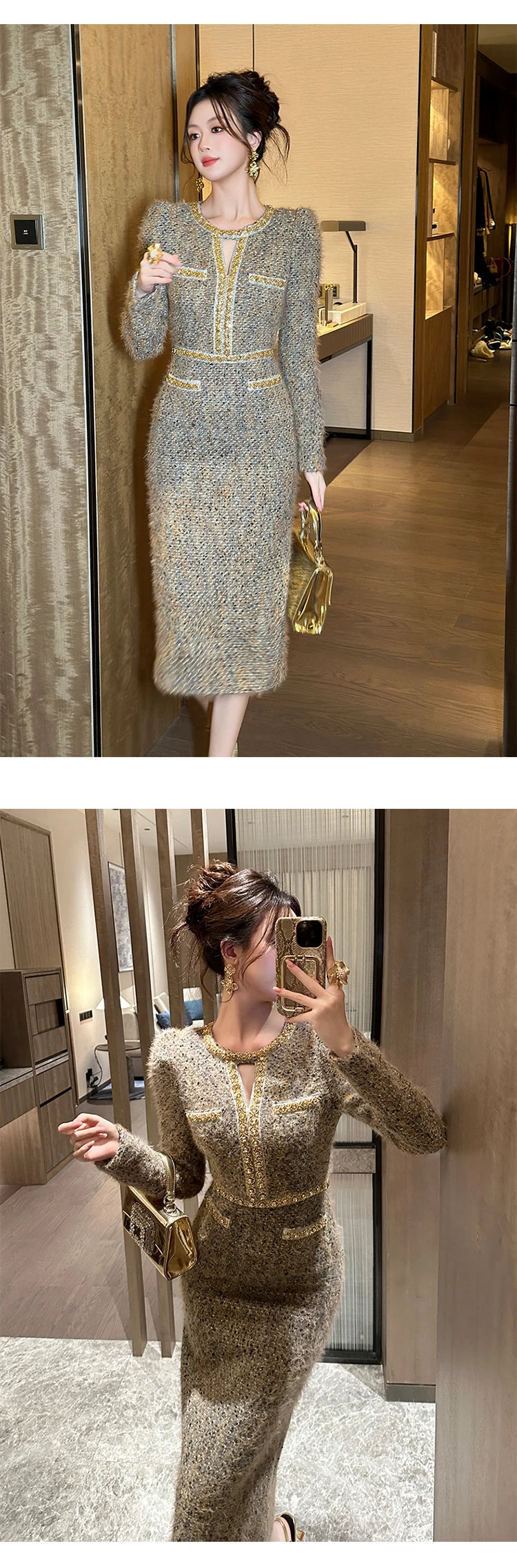 Women Clothes Vintage Luxury Tweed  Formal Dress Female Elegant Fashion Business Party Vestidos Hollow Diamond Professional Robe