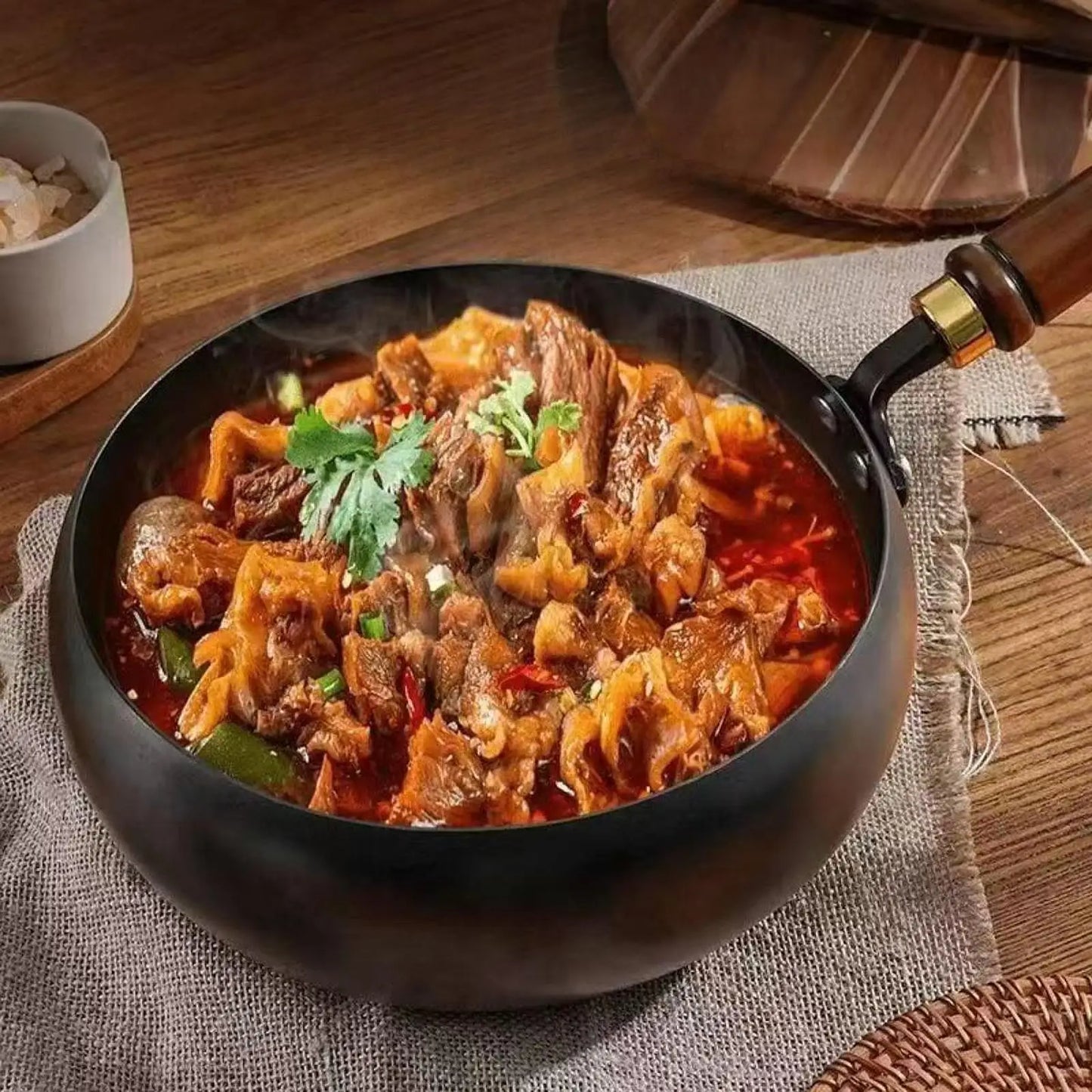Nonstick Wok Frying Pan Wooden Handle Induction Cooker Boiling No Coating Gas Chinese Wok Flat Bottom for Kitchen Camping