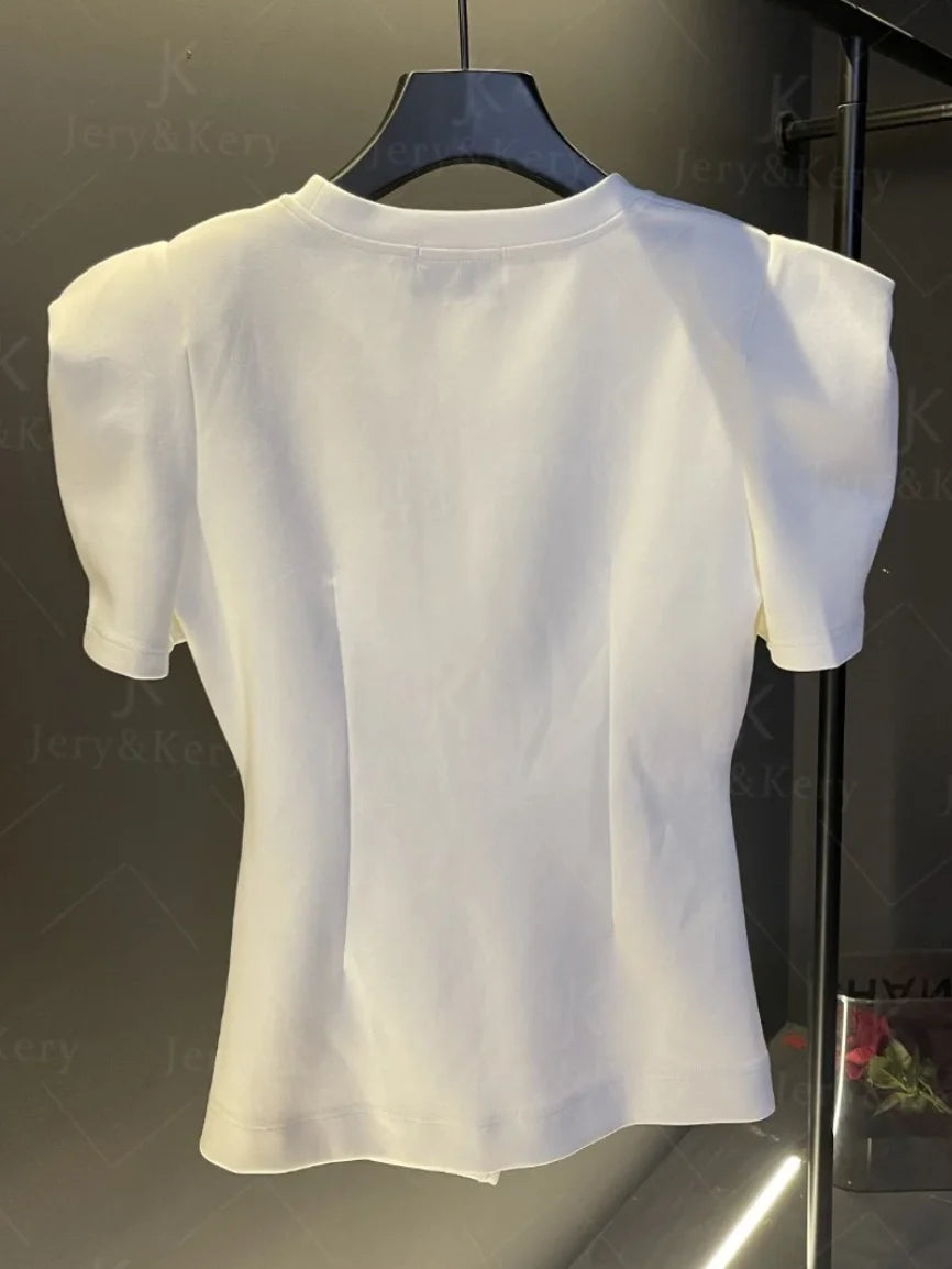 Clothes for Women 2024 New Summer Elegant Chic White 3D Flower Beaded Design T-shirt Fashion O Neck Short Sleeve Slim Split Tops