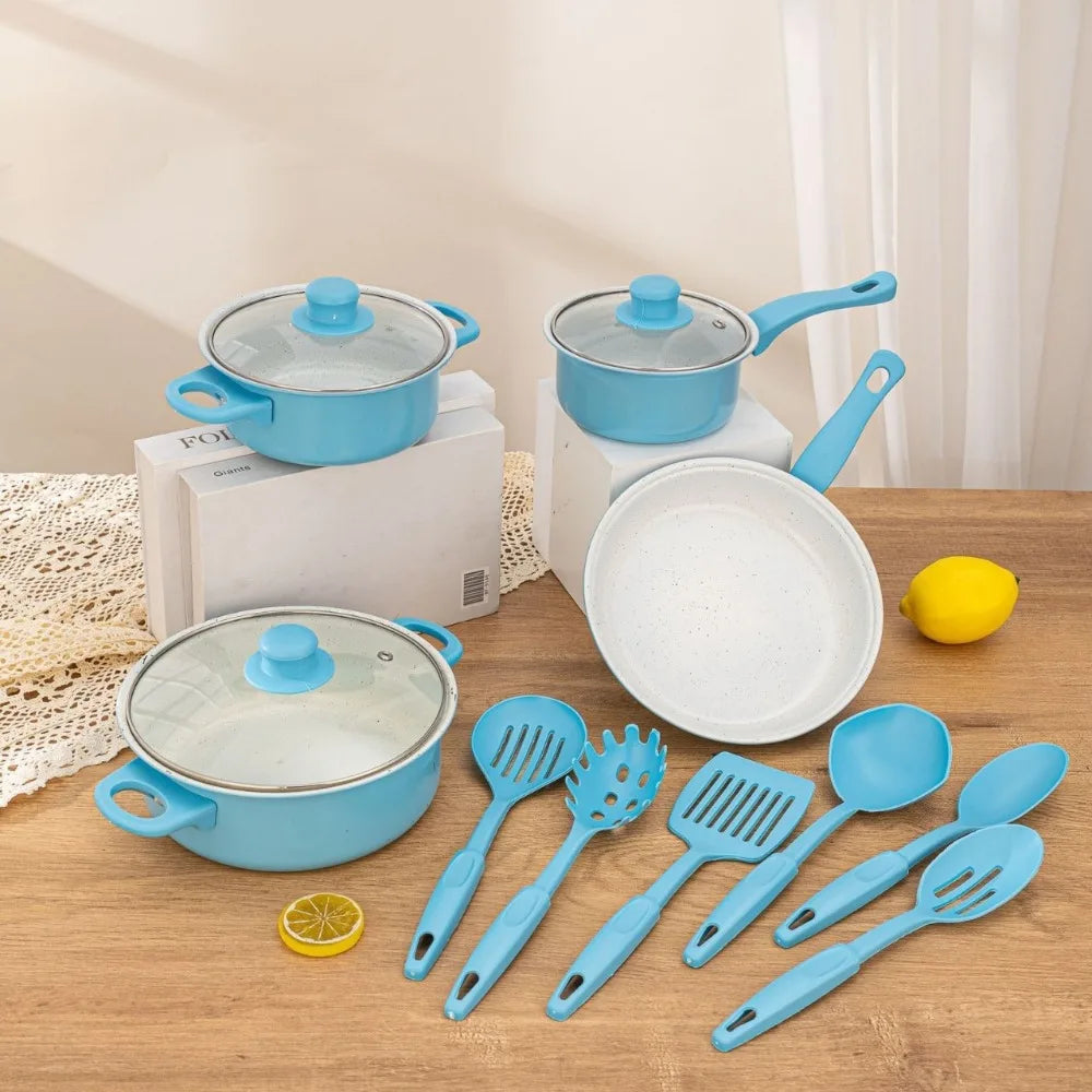 13pcs Durable Non Stick Cookware Set Multifunctional Kitchen Utensil Soup Milk Pot Maifanstone Frying Pan Household