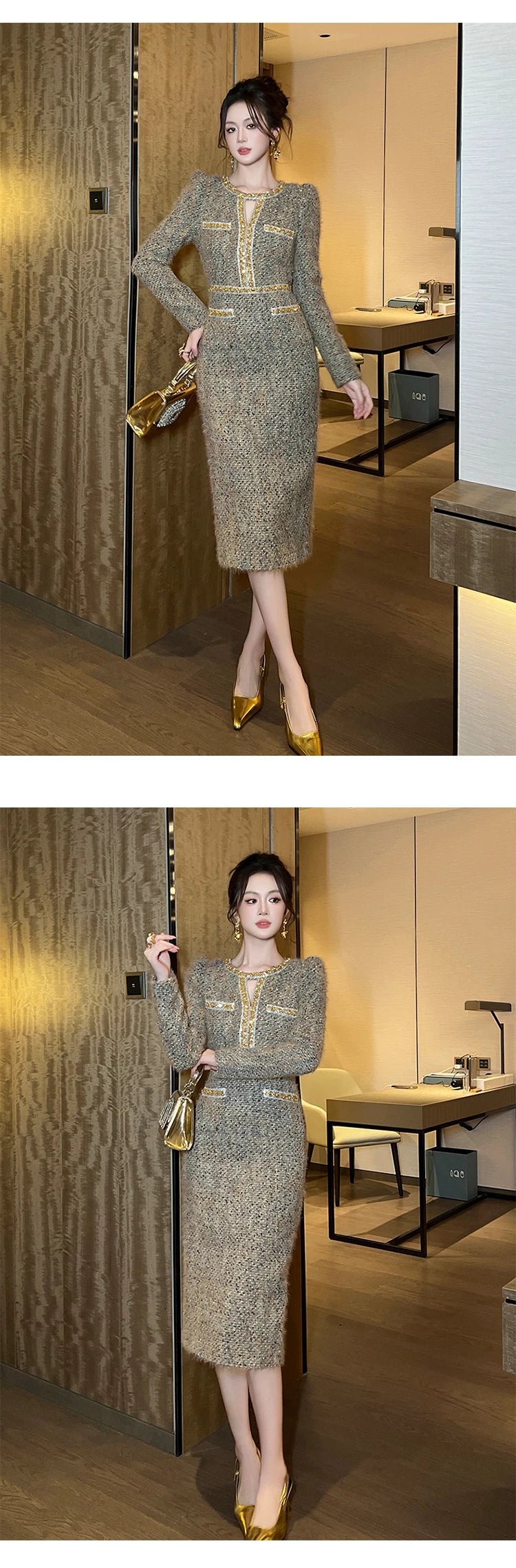 Women Clothes Vintage Luxury Tweed  Formal Dress Female Elegant Fashion Business Party Vestidos Hollow Diamond Professional Robe