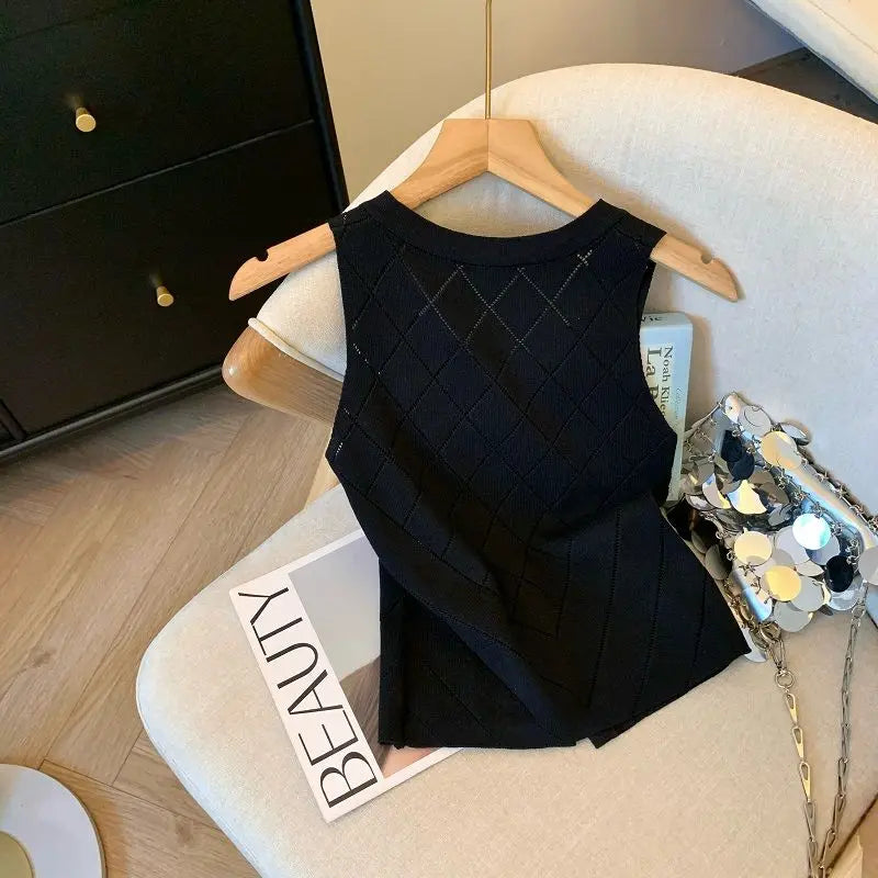 Women Clothes Stylish Vintage Elegant Luxury Chic Hollow Button Knitted Vest Summer V Neck Sleeveless Black White Slim Tank Tops