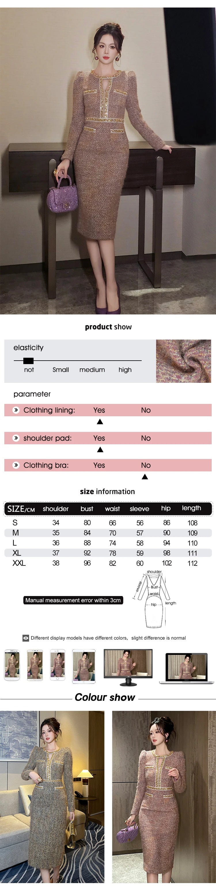 Women Clothes Vintage Luxury Tweed  Formal Dress Female Elegant Fashion Business Party Vestidos Hollow Diamond Professional Robe