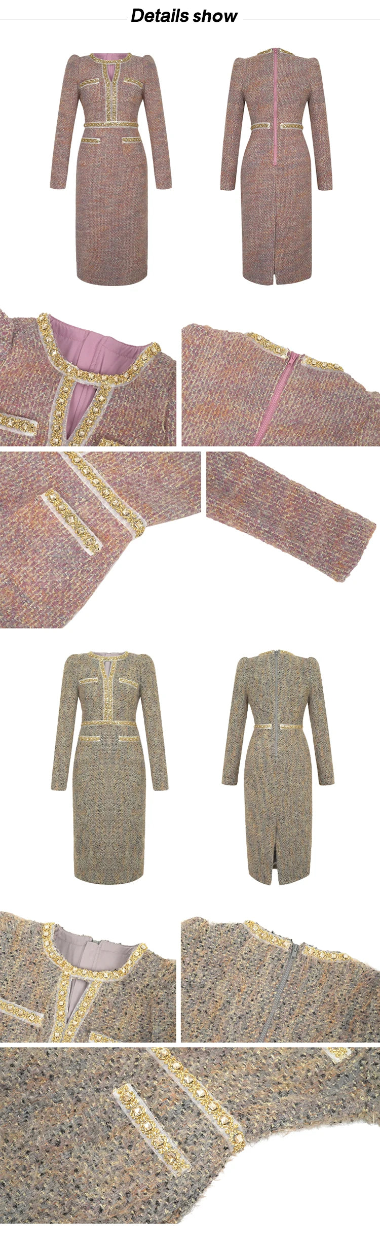 Women Clothes Vintage Luxury Tweed  Formal Dress Female Elegant Fashion Business Party Vestidos Hollow Diamond Professional Robe
