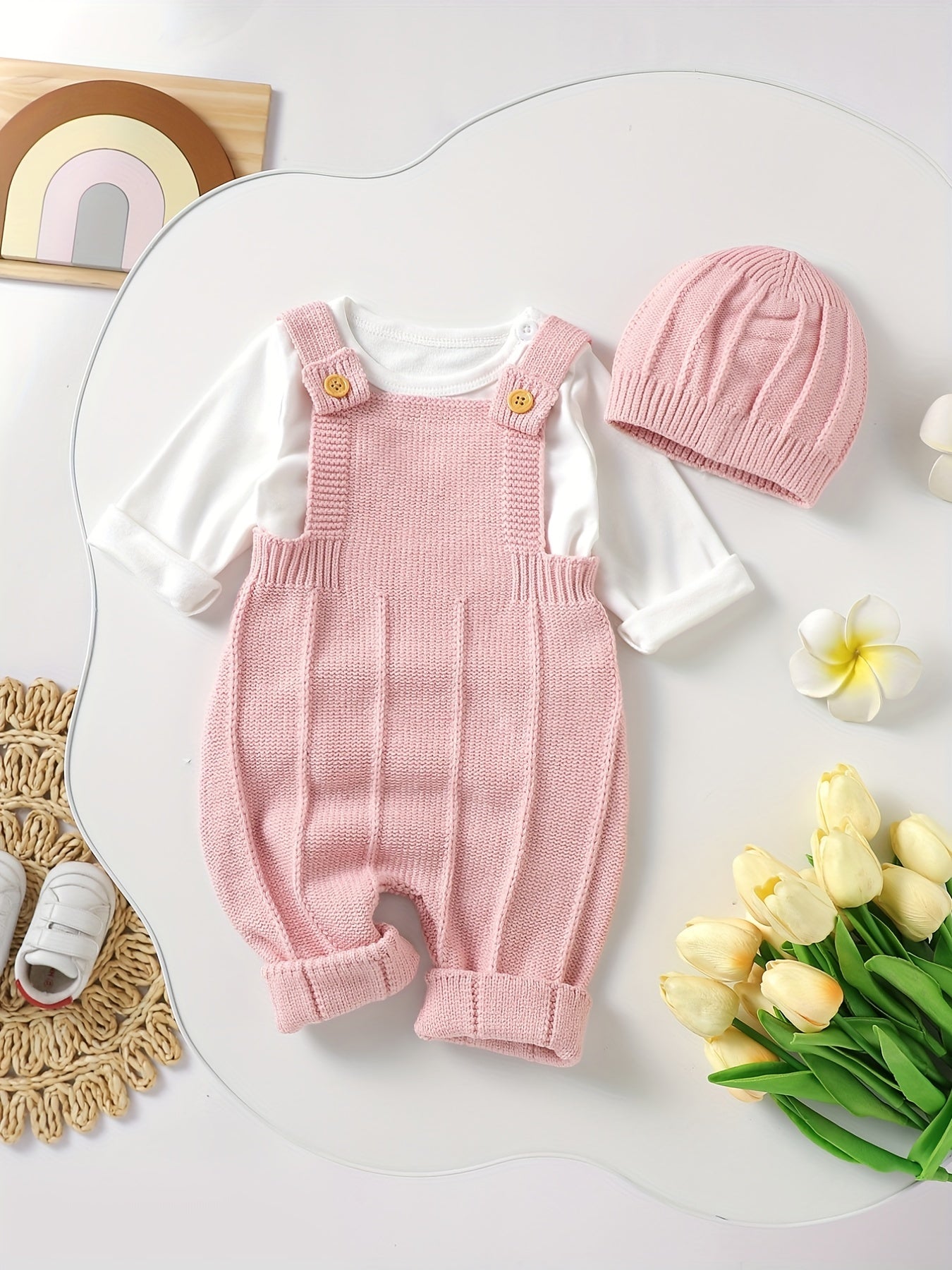 Baby's Solid Color Knit Jumpsuit For All Seasons Outdoor Wear, Not Included T-shirt