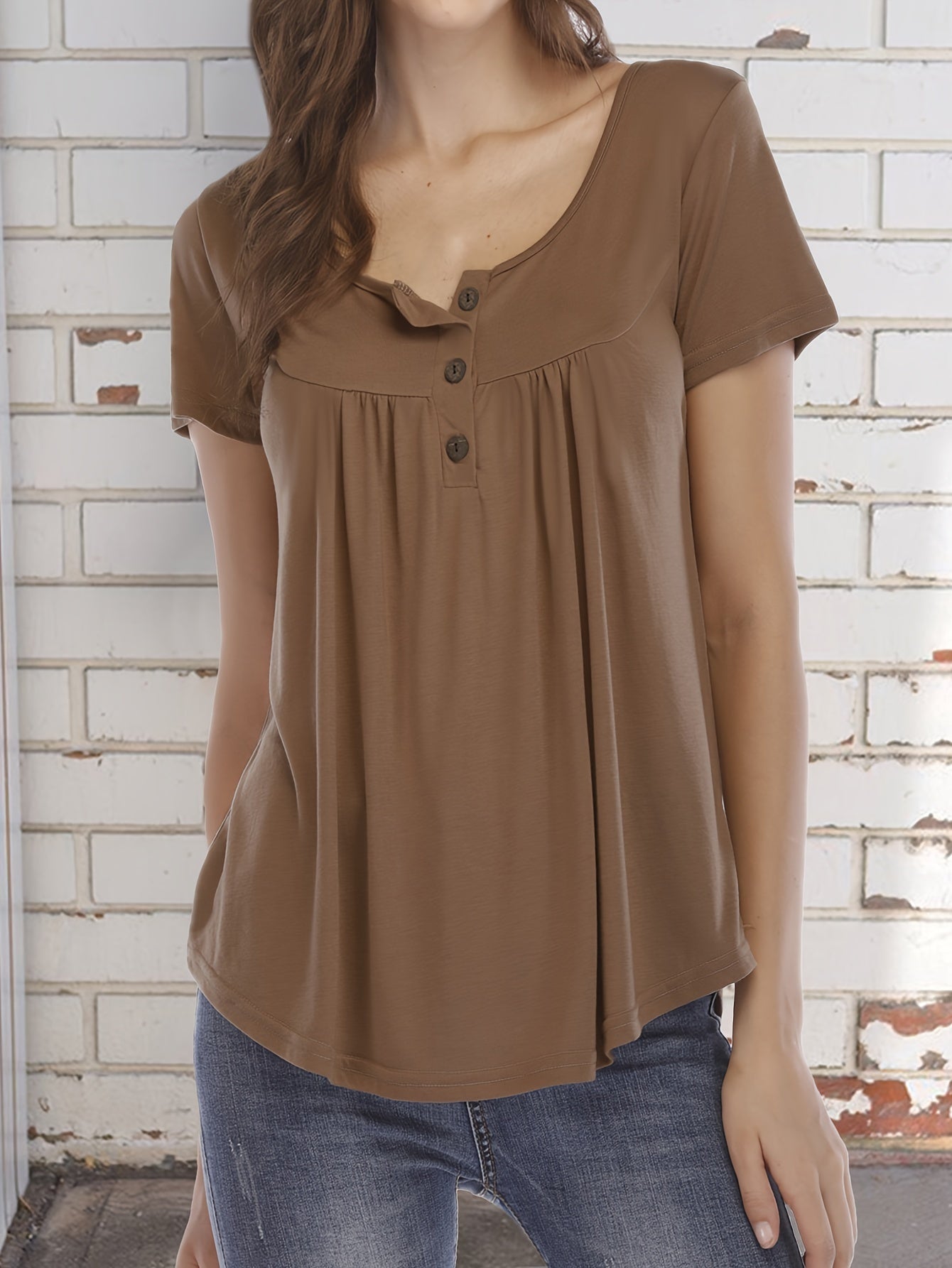Basic Loose Solid T-Shirt, Casual Short Sleeve V-Neck T-Shirt, Casual Every Day Top, Women's Clothing