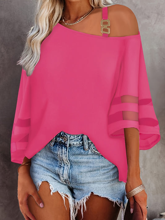 Premium Womens One Shoulder Top - Fashionable Solid Stitching & Breathable Mesh Sleeve - Timeless Stylish Everyday T-Shirt for Versatile Wear