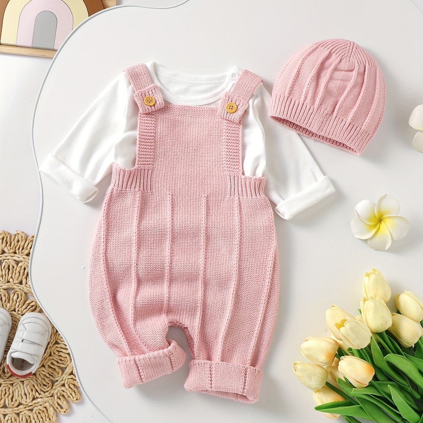 Baby's Solid Color Knit Jumpsuit For All Seasons Outdoor Wear, Not Included T-shirt