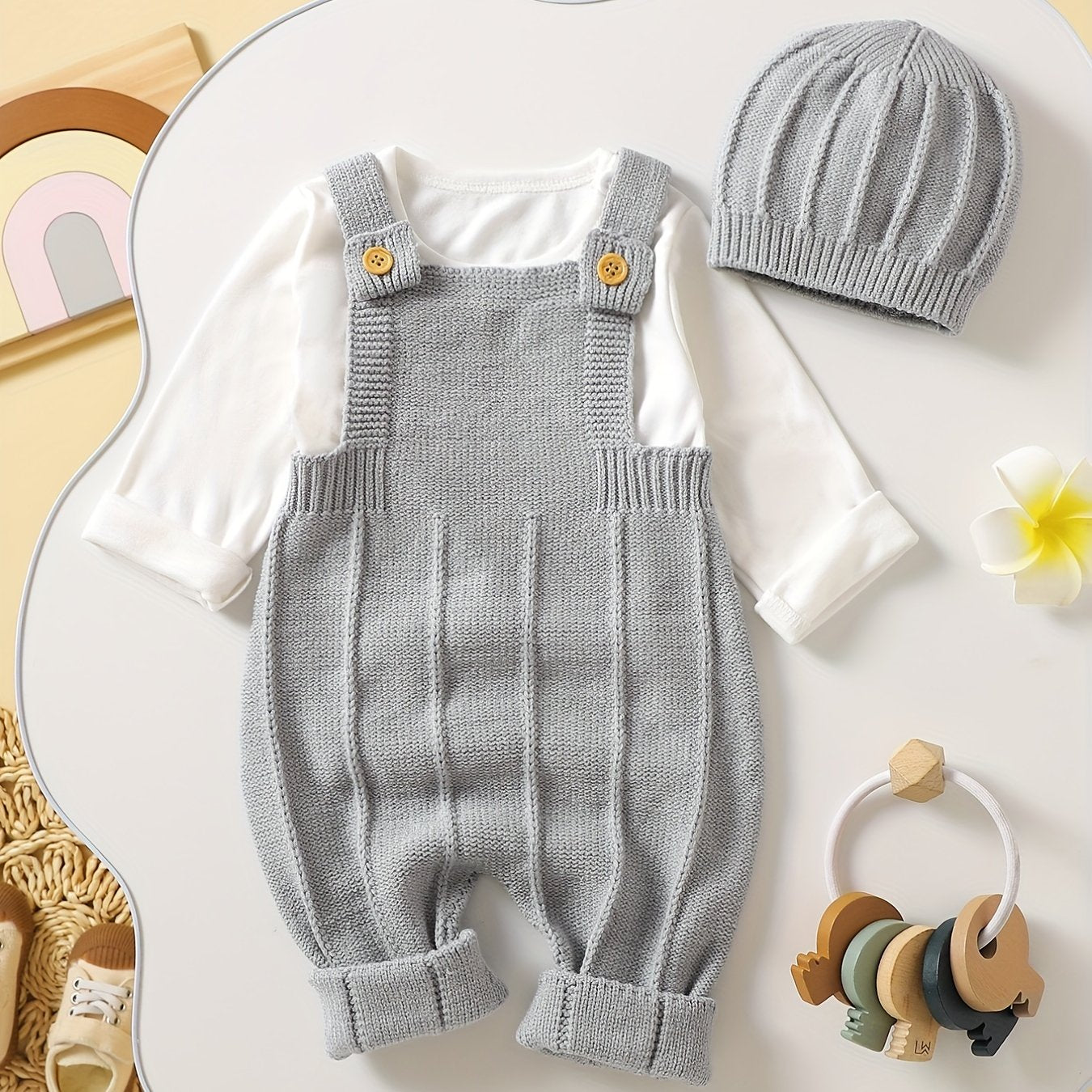 Baby's Solid Color Knit Jumpsuit For All Seasons Outdoor Wear, Not Included T-shirt