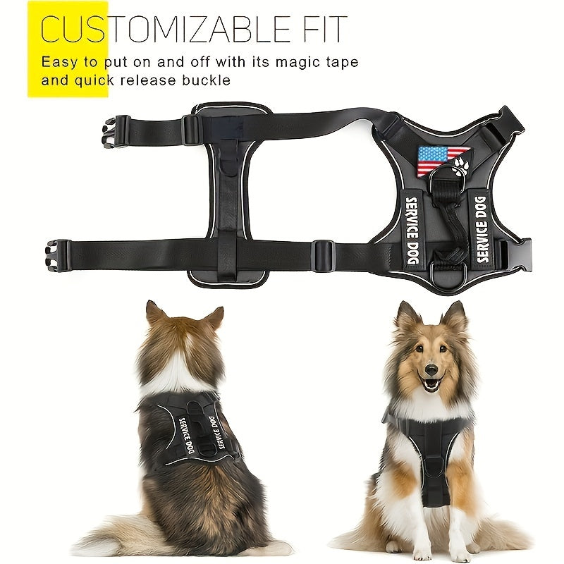 Service Dog Harness, Reflective Dog Vest Harness with 5pcs Patches, Adjustable Soft Oxford Pet Harness, Inner Layer Mesh, Easy to Control for Small Medium Large Dogs Random Buckle