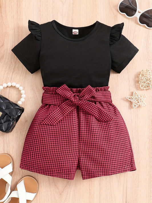 2pcs Girls Round Neck T-Shirt Ruffles Short Sleeves Tee Tops & Belted Plaid Shorts Set Summer Clothes