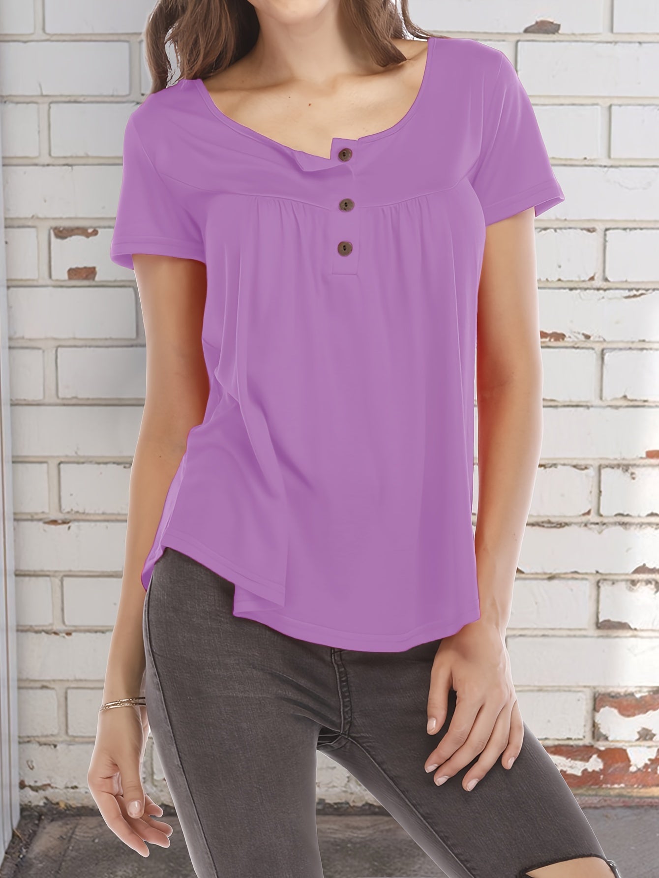 Basic Loose Solid T-Shirt, Casual Short Sleeve V-Neck T-Shirt, Casual Every Day Top, Women's Clothing