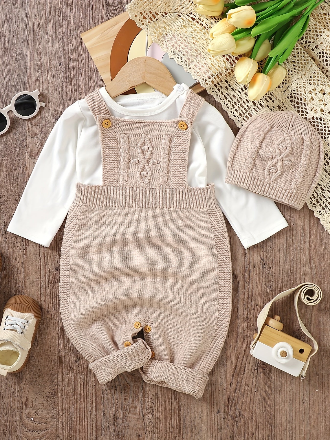 Baby's Solid Color Knit Jumpsuit For All Seasons Outdoor Wear, Not Included T-shirt