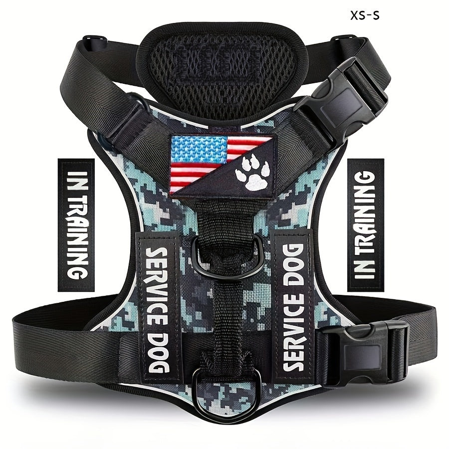 Service Dog Harness, Reflective Dog Vest Harness with 5pcs Patches, Adjustable Soft Oxford Pet Harness, Inner Layer Mesh, Easy to Control for Small Medium Large Dogs Random Buckle